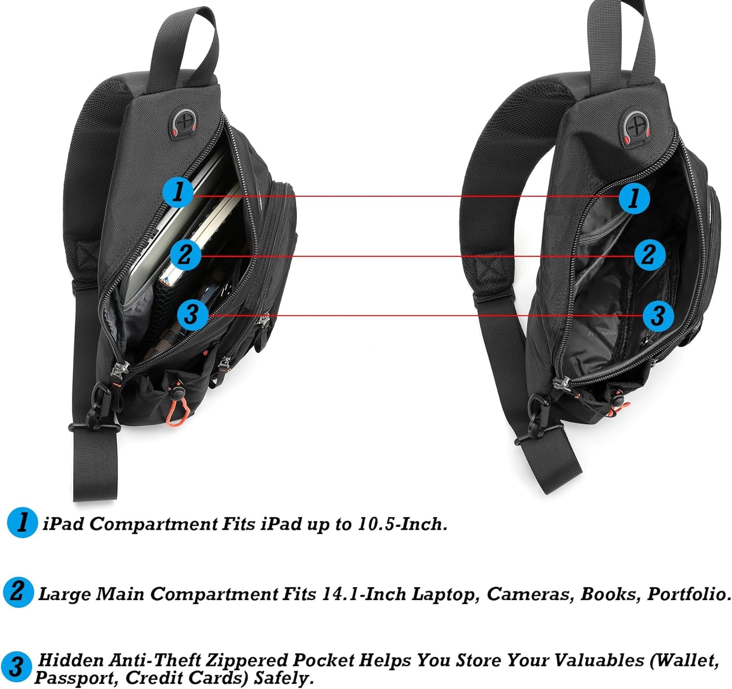 Sling Bag Backpack, 13.3'' 14.1'' Laptop Bag Crossbody Shoulder Chest Backpacks Travel Outdoors for Men Women