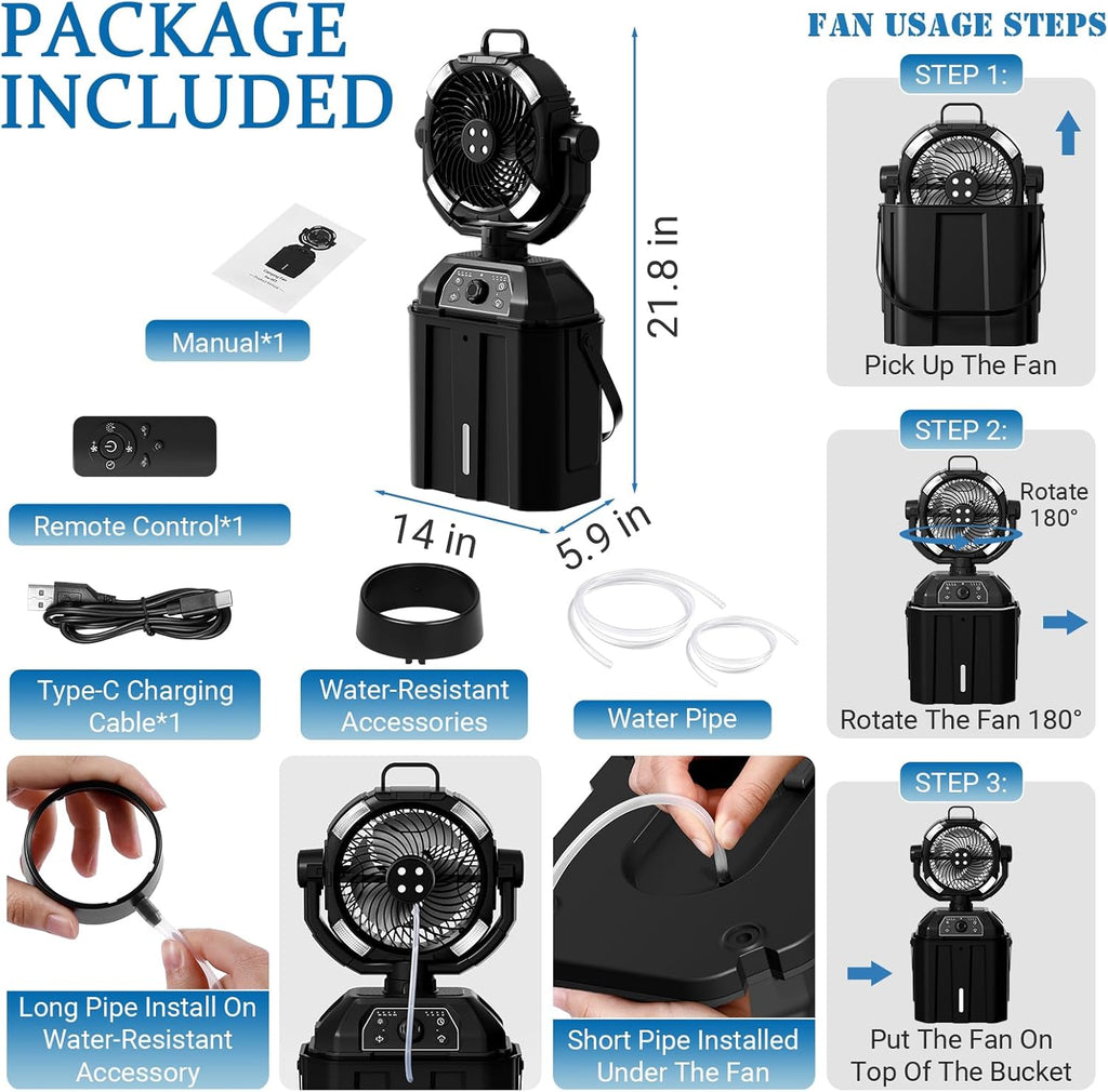 1.6GAL Bucket Portable Misting Fans for Outdoors Patios,20000Ma