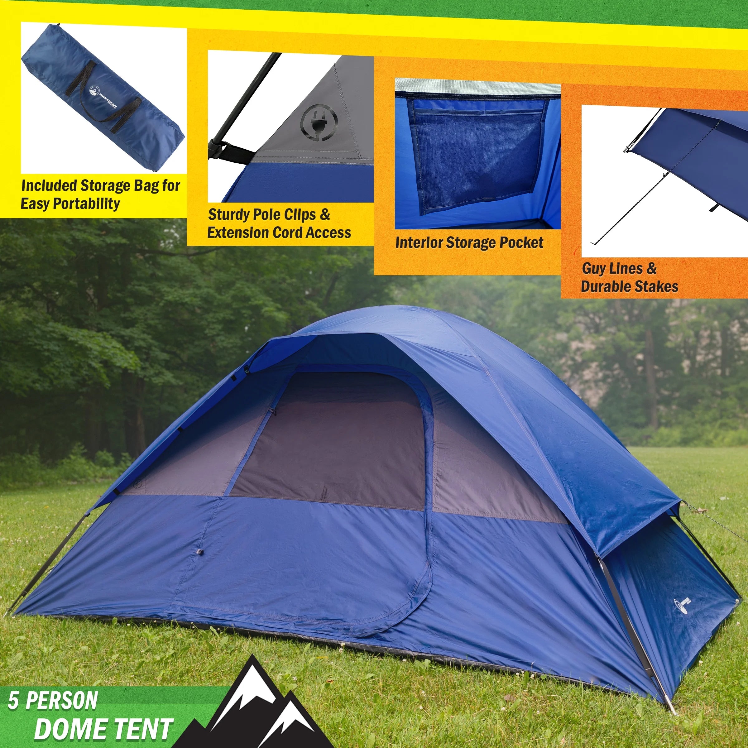 Outdoors 5 Person Camping Tent with Rain Fly and Carrying Bag, Blue