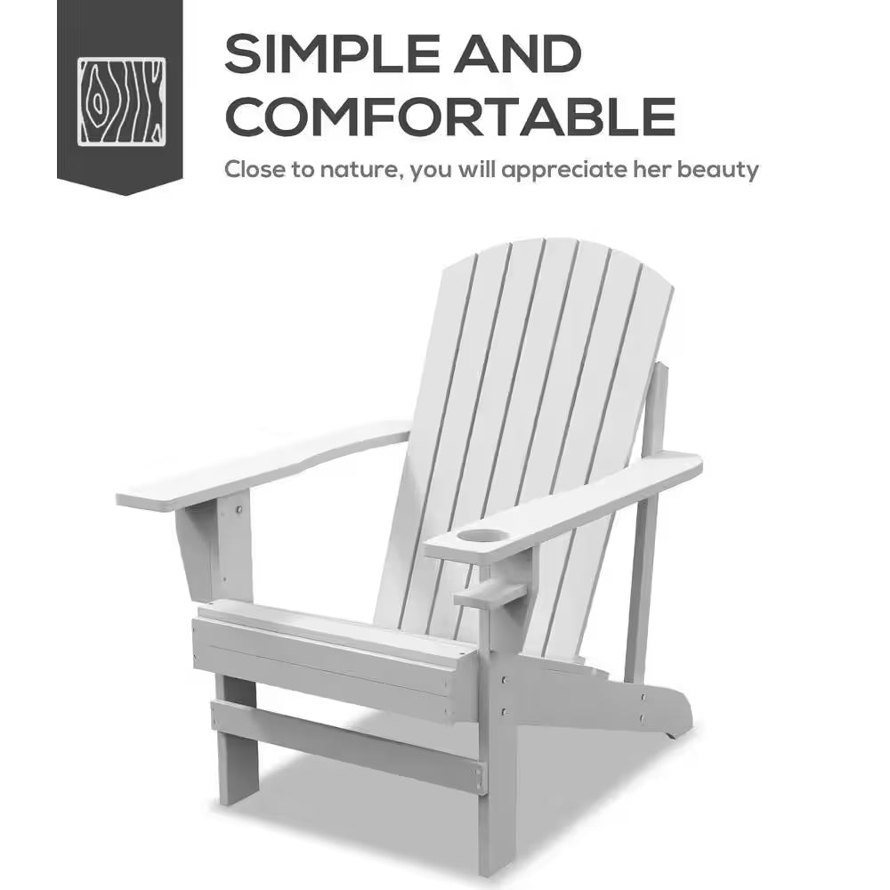 Versatile Outdoor Wood White Adirondack Patio Lawn Chair with Cup Holder, Weather Resistant for Outdoors