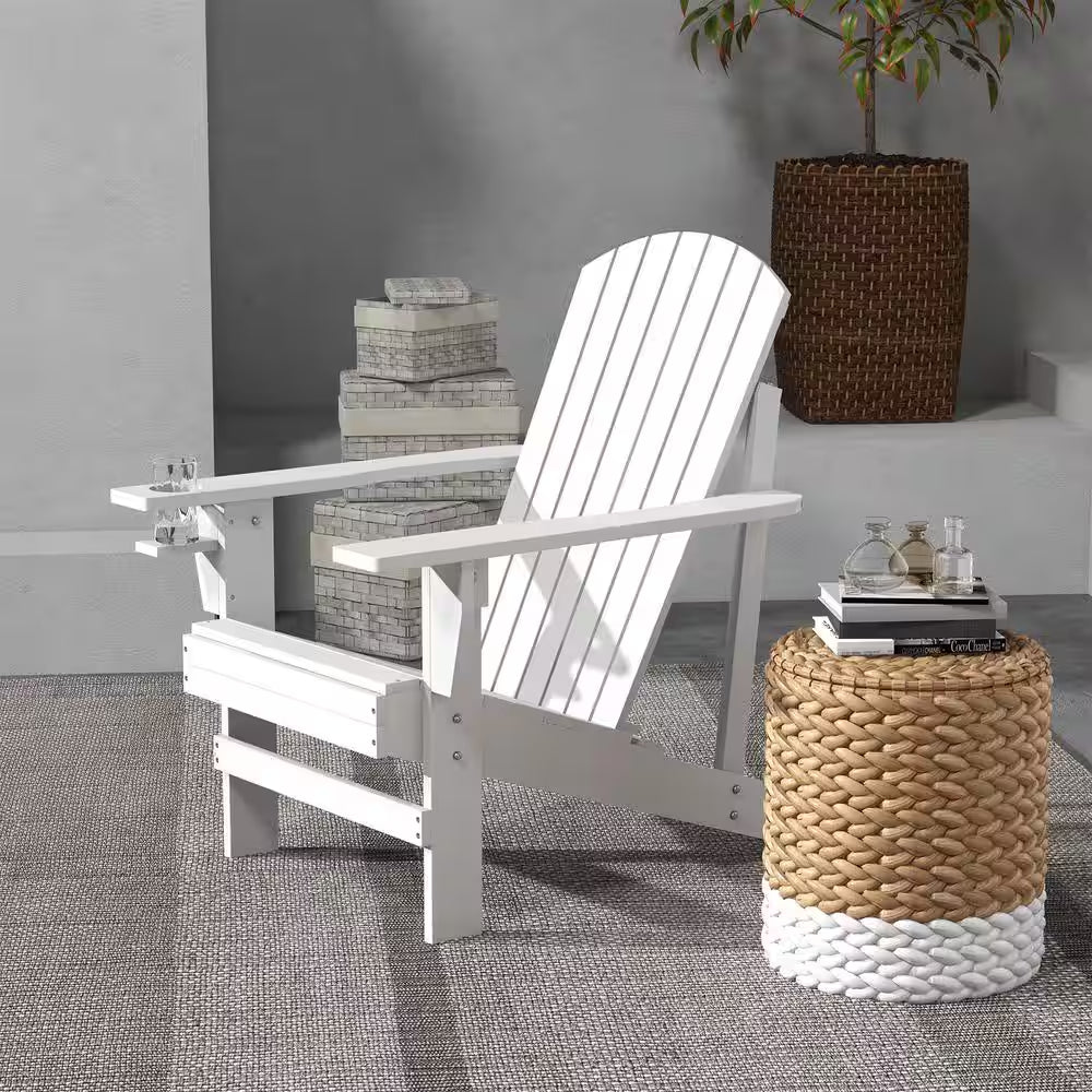Versatile Outdoor Wood White Adirondack Patio Lawn Chair with Cup Holder, Weather Resistant for Outdoors