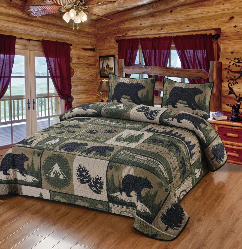 Bear Camp Patchwork Black Bear Woodland Forest Camping Outdoors Themed Decorative Quilt Bedding Set