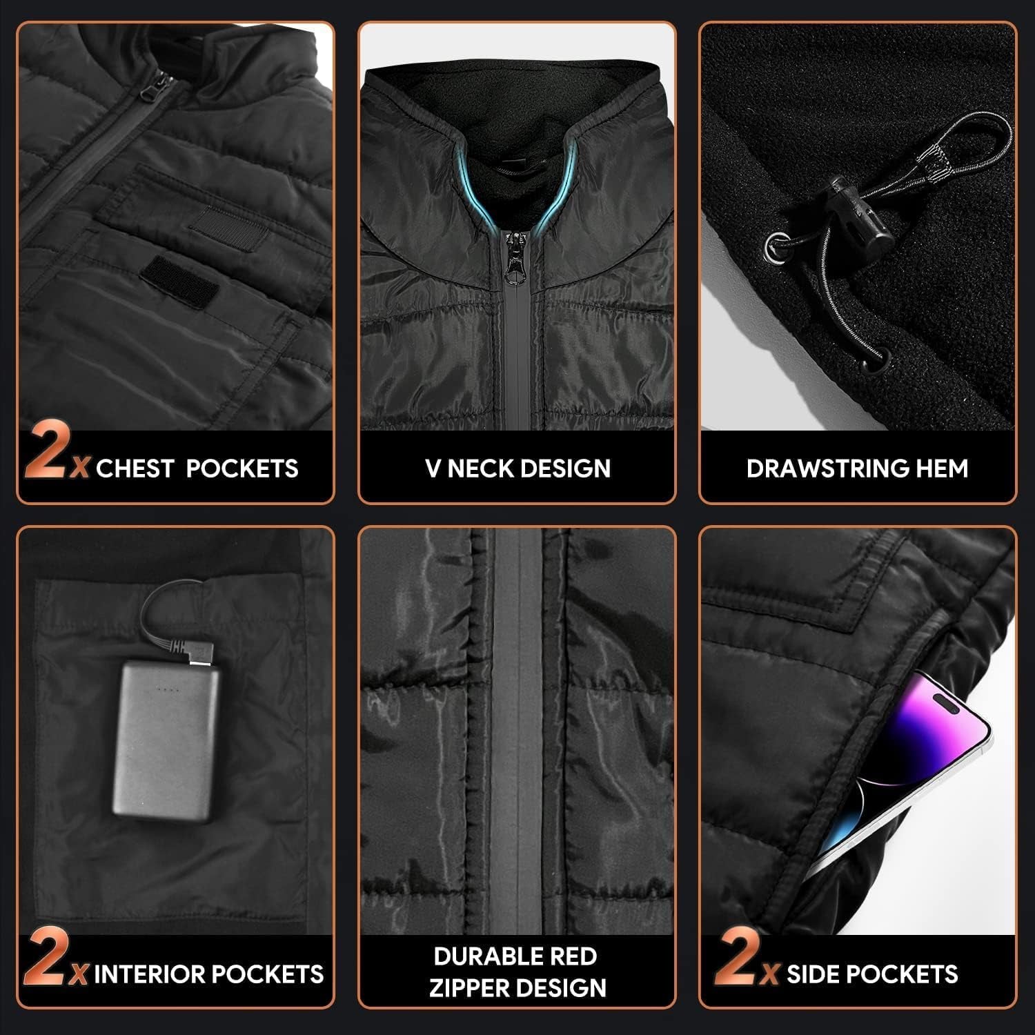 Heated Vest for Men Women, 6 Pockets, 4 Heating Zones, Electric Outdoors Heating Jacket Coat (Battery Not Included)