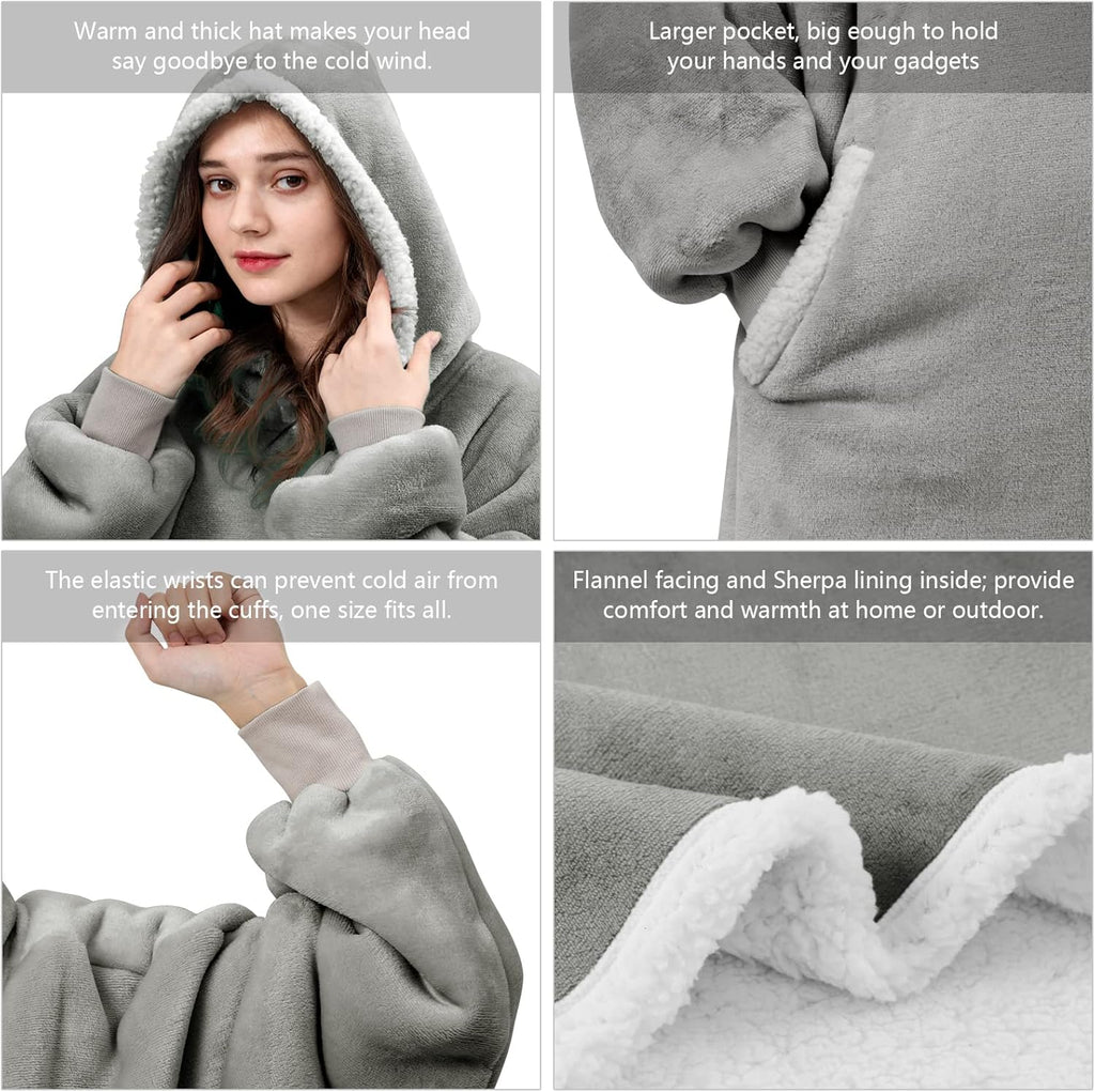 Blanket Hoodie Wearable Blanket, Super Soft Warm Oversized Blanket Sweatshirt Flannel Sherpa Blanket